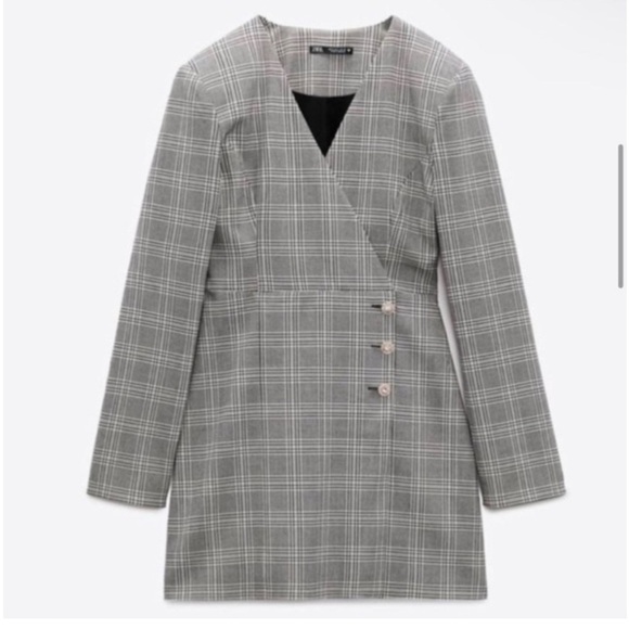 Zara Gray Plaid Buttoned Wrap Mini Dress Small Blazer Rhinestone Workwear - Picture 1 of 8